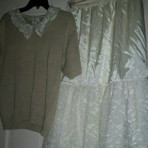 Lauren Allen Tan Knit Sweater and lace Skirt Sz L